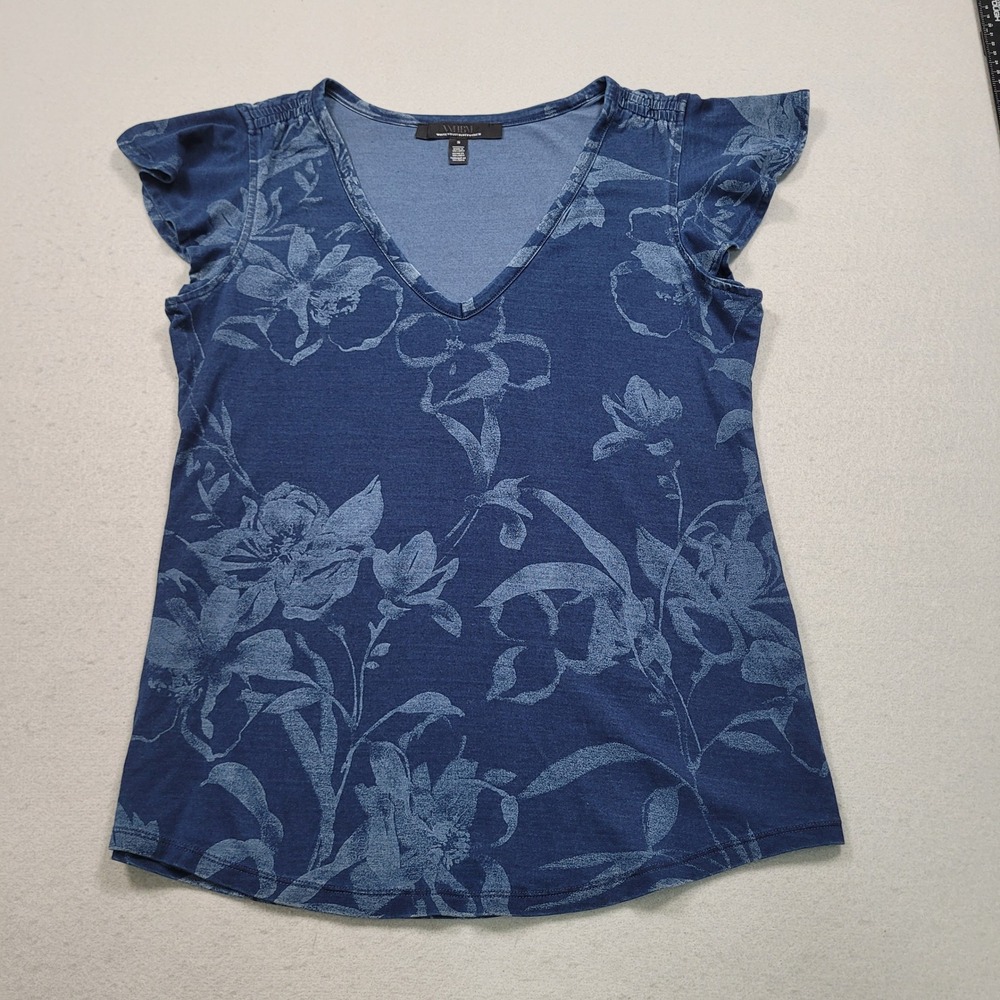 White House Black Market Blue Floral V-Neck Flutter Sleeve Top S 570343381